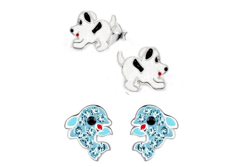 schmuck23 Ohrstecker-Set 2 x Kinder Ohrringe Delfin und Hund 925 Silber (Geschenkset, Set aus 2 Paar Ohrringen), Mädchen Kinderschmuck 4 x Silikonverschluß extra von schmuck23