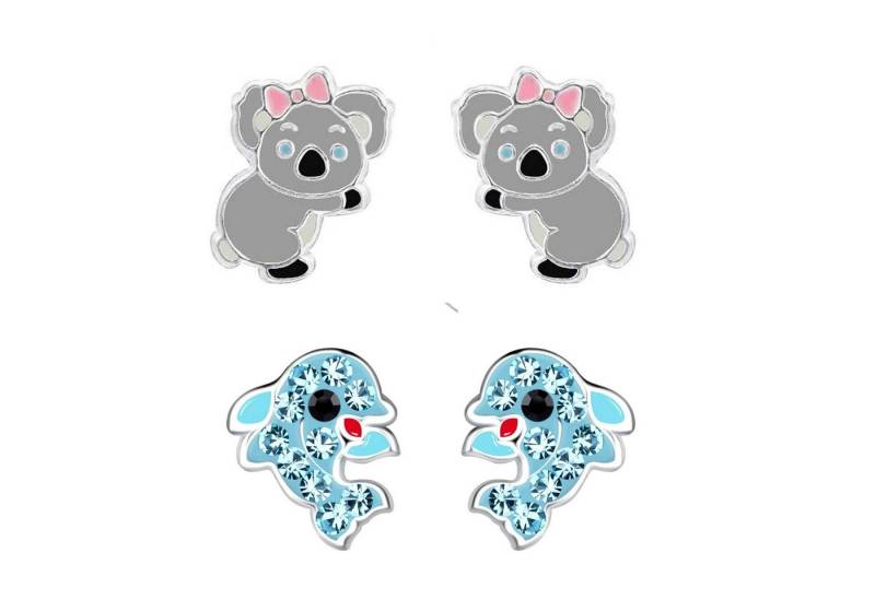 schmuck23 Ohrstecker-Set 2 x Kinder Ohrringe Delfin und Koala Bär 925 Silber (Geschenkset, Set aus 2 Paar Ohrringen), Mädchen Kinderschmuck 4 x Silikonverschluß extra von schmuck23