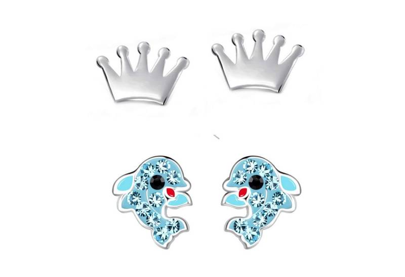schmuck23 Ohrstecker-Set 2 x Kinder Ohrringe Delfin und Krone 925 Silber (Geschenkset, Set aus 2 Paar Ohrringen), Mädchen Kinderschmuck 4 x Silikonverschluß extra von schmuck23