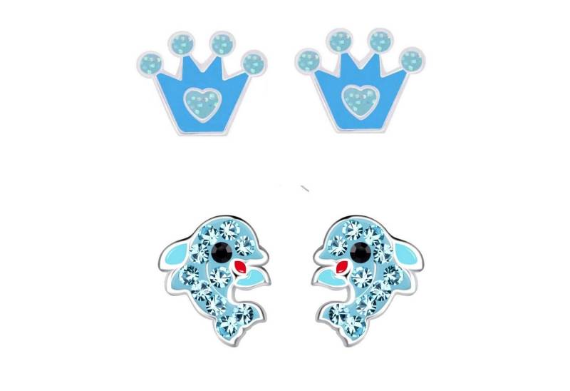 schmuck23 Ohrstecker-Set 2 x Kinder Ohrringe Delfin und Krone blau 925 Silber (Geschenkset, Set aus 2 Paar Ohrringen), Mädchen Kinderschmuck 4 x Silikonverschluß extra von schmuck23