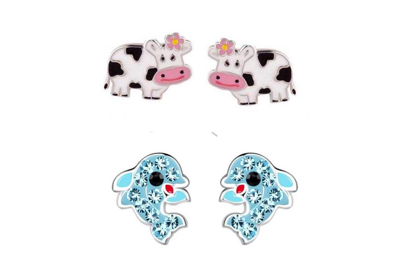 schmuck23 Ohrstecker-Set 2 x Kinder Ohrringe Delfin und Kuh 925 Silber (Geschenkset, Set aus 2 Paar Ohrringen), Mädchen Kinderschmuck 4 x Silikonverschluß extra von schmuck23