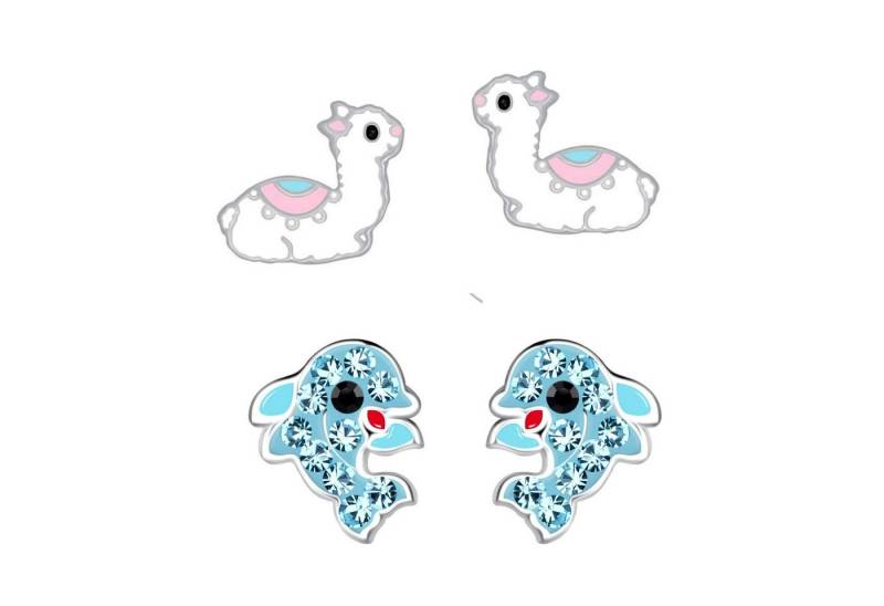 schmuck23 Ohrstecker-Set 2 x Kinder Ohrringe Delfin und Lama 925 Silber (Geschenkset, Set aus 2 Paar Ohrringen), Mädchen Kinderschmuck 4 x Silikonverschluß extra von schmuck23