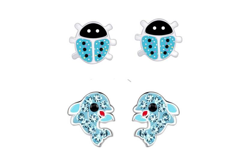 schmuck23 Ohrstecker-Set 2 x Kinder Ohrringe Delfin und Marienkäfer 925 Silber (Geschenkset, Set aus 2 Paar Ohrringen), Mädchen Kinderschmuck 4 x Silikonverschluß extra von schmuck23