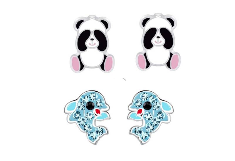 schmuck23 Ohrstecker-Set 2 x Kinder Ohrringe Delfin und Panda Bär 925 Silber (Geschenkset, Set aus 2 Paar Ohrringen), Mädchen Kinderschmuck 4 x Silikonverschluß extra von schmuck23