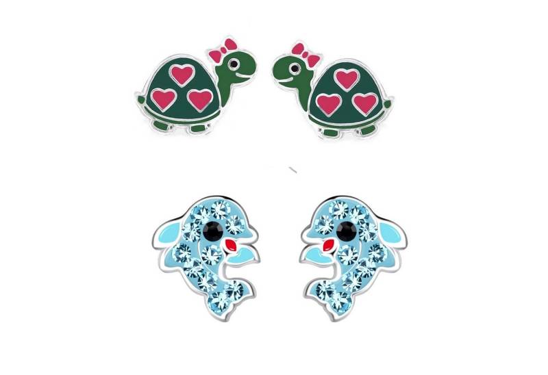 schmuck23 Ohrstecker-Set 2 x Kinder Ohrringe Delfin und Schildkröte 925 Silber (Geschenkset, Set aus 2 Paar Ohrringen), Mädchen Kinderschmuck 4 x Silikonverschluß extra von schmuck23