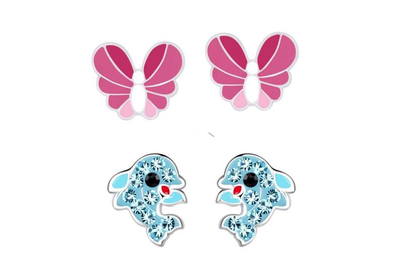 schmuck23 Ohrstecker-Set 2 x Kinder Ohrringe Delfin und Schmetterling 925 Silber (Geschenkset, Set aus 2 Paar Ohrringen), Mädchen Kinderschmuck 4 x Silikonverschluß extra von schmuck23