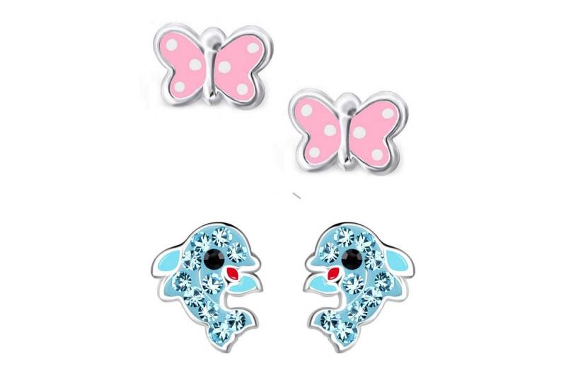 schmuck23 Ohrstecker-Set 2 x Kinder Ohrringe Delfin und Schmetterling 925 Silber (Geschenkset, Set aus 2 Paar Ohrringen), Mädchen Kinderschmuck 4 x Silikonverschluß extra von schmuck23