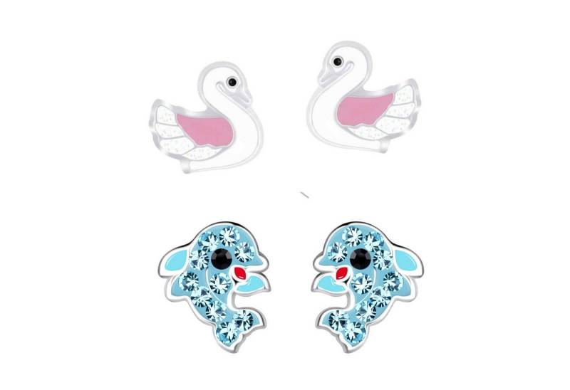 schmuck23 Ohrstecker-Set 2 x Kinder Ohrringe Delfin und Schwan 925 Silber (Geschenkset, Set aus 2 Paar Ohrringen), Mädchen Kinderschmuck 4 x Silikonverschluß extra von schmuck23