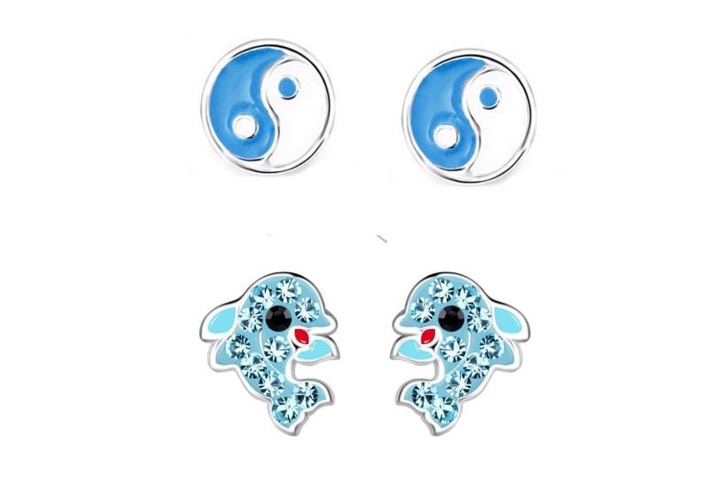 schmuck23 Ohrstecker-Set 2 x Kinder Ohrringe Delfin und Yin Yang 925 Silber (Geschenkset, Set aus 2 Paar Ohrringen), Mädchen Kinderschmuck 4 x Silikonverschluß extra von schmuck23