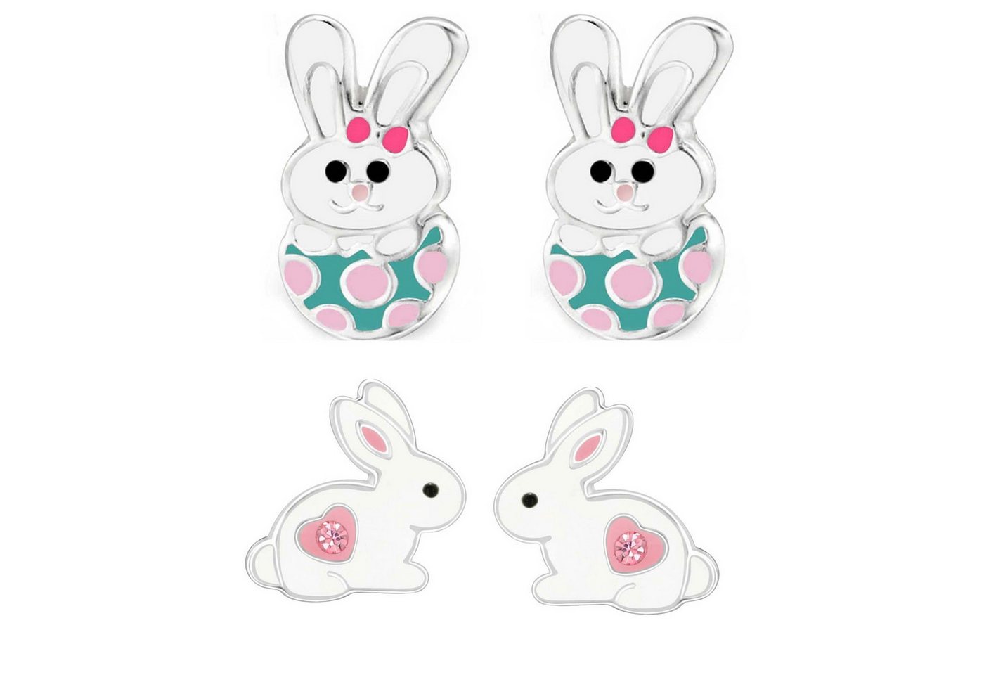 schmuck23 Ohrstecker-Set 2 x Kinder Ohrringe Hase Osterei 925 Silber Ostern (Geschenkset, Set aus 2 Paar Ohrringen), Mädchen Kinderschmuck 4 x Silikonverschluß extra von schmuck23
