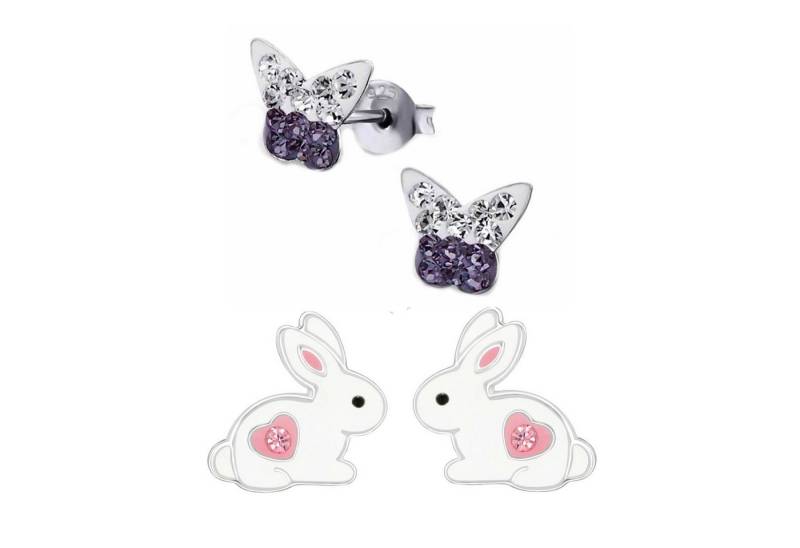 schmuck23 Ohrstecker-Set 2 x Kinder Ohrringe Hase und Schmetterling 925 Silber (Geschenkset, Set aus 2 Paar Ohrringen mit 4 x extras Silikonverschluß), Mädchen Kinderschmuck 4 x Silikonverschluß extra von schmuck23