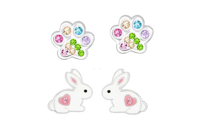 schmuck23 Ohrstecker-Set 2 x Kinder Ohrringe Hase und bunte Pfote 925 Silber (Geschenkset, Set aus 2 Paar Ohrringen mit 4 x extras Silikonverschluß), Mädchen Kinderschmuck 4 x Silikonverschluß extra von schmuck23