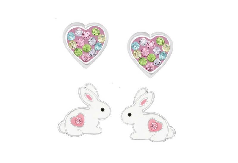 schmuck23 Ohrstecker-Set 2 x Kinder Ohrringe Hase und buntes Herz 925 Silber (Geschenkset, Set aus 2 Paar Ohrringen mit 4 x extras Silikonverschluß), Mädchen Kinderschmuck 4 x Silikonverschluß extra von schmuck23