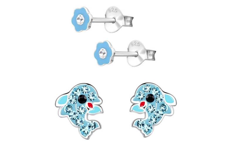 schmuck23 Ohrstecker-Set 2 x Kinderohrringe Delfin und Blume blau 925 Silber (Geschenkset, Set aus 2 Paar Ohrringen mit 4 x extras Silikonverschluß), Mädchen Kinderschmuck 4 x Silikonverschluß extra von schmuck23