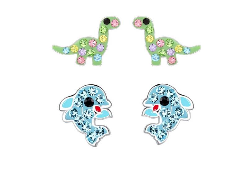 schmuck23 Ohrstecker-Set 2 x Kinderohrringe Delfin und Dino bunt 925 Silber (Geschenkset, Set aus 2 Paar Ohrringen mit 4 x extras Silikonverschluß), Mädchen Kinderschmuck 4 x Silikonverschluß extra von schmuck23