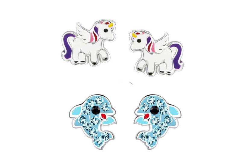 schmuck23 Ohrstecker-Set 2 x Kinderohrringe Delfin und Einhorn bunt 925 Silber (Geschenkset, Set aus 2 Paar Ohrringen), Mädchen Kinderschmuck 4 x Silikonverschluß extra von schmuck23