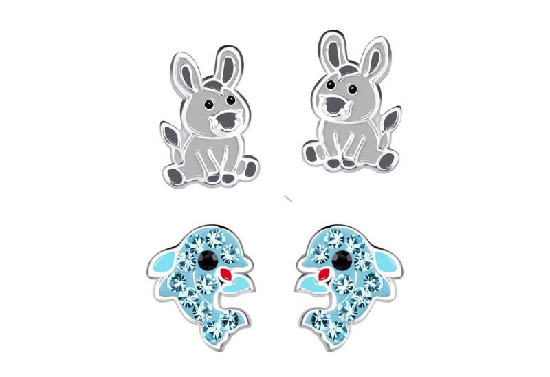 schmuck23 Ohrstecker-Set 2 x Kinderohrringe Delfin und Esel 925 Silber (Geschenkset, Set aus 2 Paar Ohrringen), Mädchen Kinderschmuck 4 x Silikonverschluß extra von schmuck23