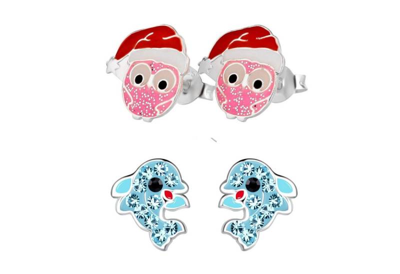 schmuck23 Ohrstecker-Set 2 x Kinderohrringe Delfin und Eule Mütze 925 Silber (Geschenkset, Set aus 2 Paar Ohrringen), Mädchen Kinderschmuck 4 x Silikonverschluß extra von schmuck23