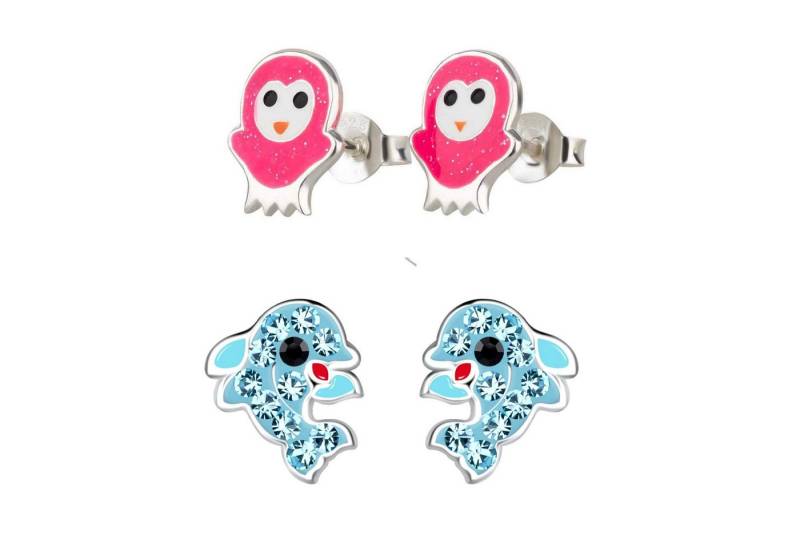 schmuck23 Ohrstecker-Set 2 x Kinderohrringe Delfin und Eule pink 925 Silber (Geschenkset, Set aus 2 Paar Ohrringen), Mädchen Kinderschmuck 4 x Silikonverschluß extra von schmuck23