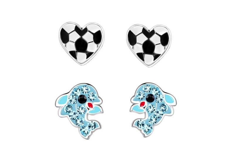 schmuck23 Ohrstecker-Set 2 x Kinderohrringe Delfin und Fußball Herz 925 Silber (Geschenkset, Set aus 2 Paar Ohrringen mit 4 x extras Silikonverschluß), Mädchen Kinderschmuck 4 x Silikonverschluß extra von schmuck23