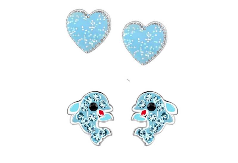 schmuck23 Ohrstecker-Set 2 x Kinderohrringe Delfin und Glitzer Herz 925 Silber (Geschenkset, Set aus 2 Paar Ohrringen), Mädchen Kinderschmuck 4 x Silikonverschluß extra von schmuck23