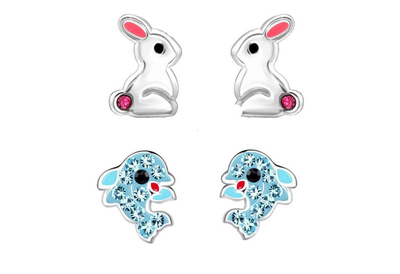 schmuck23 Ohrstecker-Set 2 x Kinderohrringe Delfin und Hase 925 Silber (Geschenkset, Set aus 2 Paar Ohrringen mit 4 x extras Silikonverschluß), Mädchen Kinderschmuck 4 x Silikonverschluß extra von schmuck23