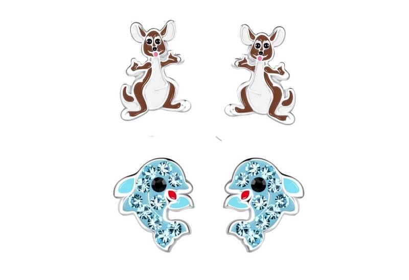 schmuck23 Ohrstecker-Set 2 x Kinderohrringe Delfin und Kängeruh 925 Silber (Geschenkset, Set aus 2 Paar Ohrringen), Mädchen Kinderschmuck 4 x Silikonverschluß extra von schmuck23