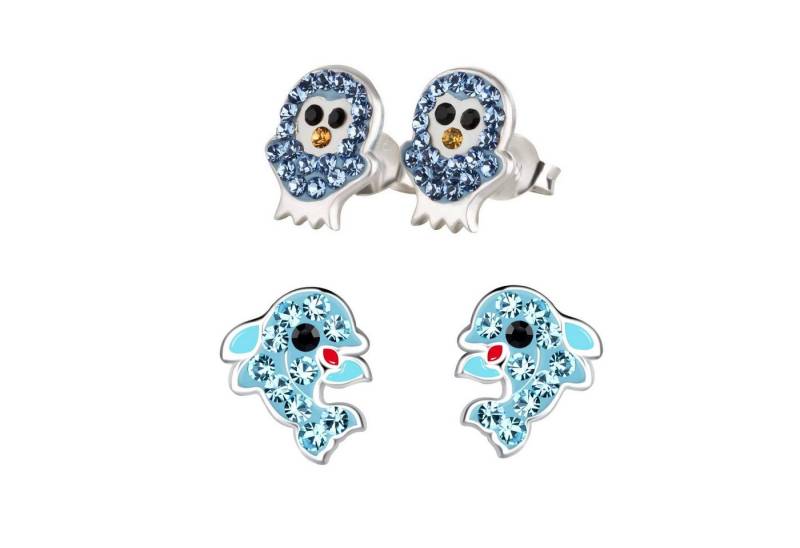 schmuck23 Ohrstecker-Set 2 x Kinderohrringe Delfin und Kristall Eule 925 Silber (Geschenkset, Set aus 2 Paar Ohrringen mit 4 x extras Silikonverschluß), Mädchen Kinderschmuck 4 x Silikonverschluß extra von schmuck23