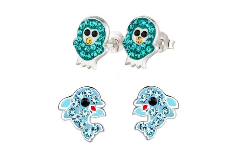 schmuck23 Ohrstecker-Set 2 x Kinderohrringe Delfin und Kristall Eule grün 925 Silber (Geschenkset, Set aus 2 Paar Ohrringen mit 4 x extras Silikonverschluß), Mädchen Kinderschmuck 4 x Silikonverschluß extra von schmuck23