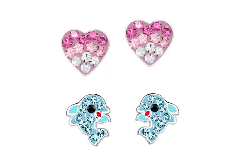 schmuck23 Ohrstecker-Set 2 x Kinderohrringe Delfin und Kristall Herz 925 Silber (Geschenkset, Set aus 2 Paar Ohrringen mit 4 x extras Silikonverschluß), Mädchen Kinderschmuck 4 x Silikonverschluß extra von schmuck23