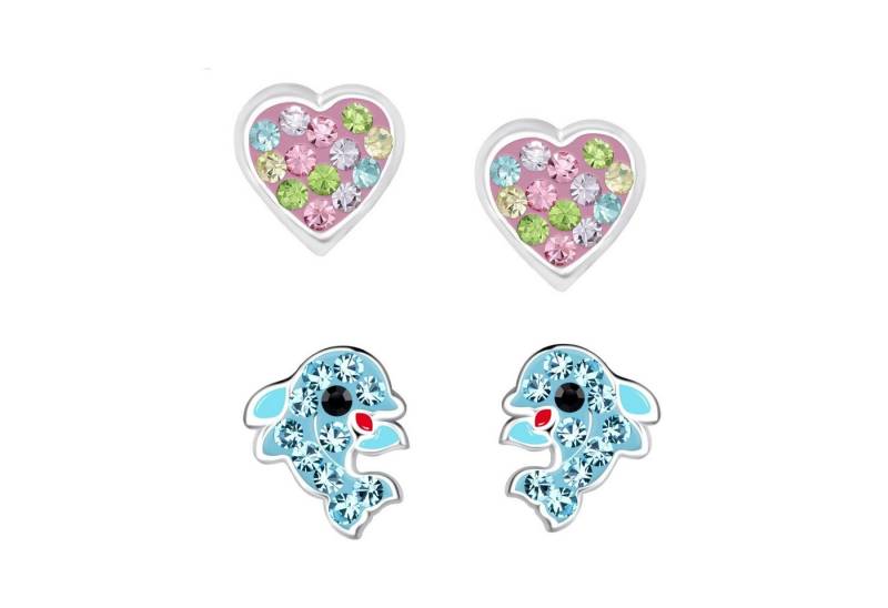 schmuck23 Ohrstecker-Set 2 x Kinderohrringe Delfin und Kristall Herz 925 Silber (Geschenkset, Set aus 2 Paar Ohrringen mit 4 x extras Silikonverschluß), Mädchen Kinderschmuck 4 x Silikonverschluß extra von schmuck23