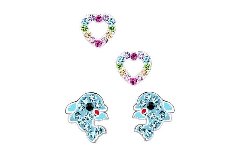 schmuck23 Ohrstecker-Set 2 x Kinderohrringe Delfin und Kristall Herz 925 Silber (Geschenkset, Set aus 2 Paar Ohrringen mit 4 x extras Silikonverschluß), Mädchen Kinderschmuck 4 x Silikonverschluß extra von schmuck23