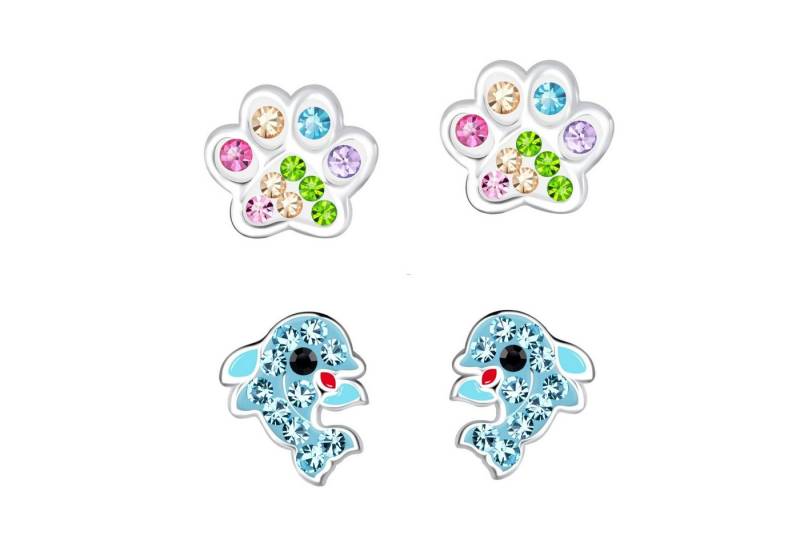 schmuck23 Ohrstecker-Set 2 x Kinderohrringe Delfin und Kristall Pfote 925 Silber (Geschenkset, Set aus 2 Paar Ohrringen mit 4 x extras Silikonverschluß), Mädchen Kinderschmuck 4 x Silikonverschluß extra von schmuck23