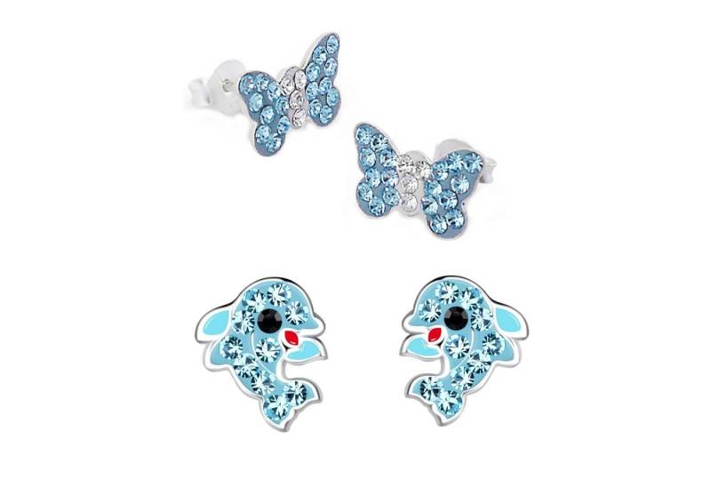schmuck23 Ohrstecker-Set 2 x Kinderohrringe Delfin und Kristall Schmetterling 925 Silber (Geschenkset, Set aus 2 Paar Ohrringen mit 4 x extras Silikonverschluß), Mädchen Kinderschmuck 4 x Silikonverschluß extra von schmuck23