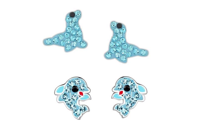 schmuck23 Ohrstecker-Set 2 x Kinderohrringe Delfin und Kristall Seehund 925 Silber (Geschenkset, Set aus 2 Paar Ohrringen mit 4 x extras Silikonverschluß), Mädchen Kinderschmuck 4 x Silikonverschluß extra von schmuck23