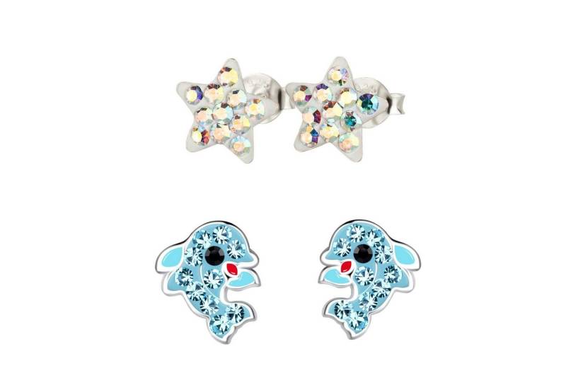 schmuck23 Ohrstecker-Set 2 x Kinderohrringe Delfin und Kristall Stern 925 Silber (Geschenkset, Set aus 2 Paar Ohrringen mit 4 x extras Silikonverschluß), Mädchen Kinderschmuck 4 x Silikonverschluß extra von schmuck23