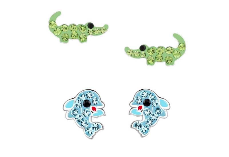 schmuck23 Ohrstecker-Set 2 x Kinderohrringe Delfin und Krokodil 925 Silber (Geschenkset, Set aus 2 Paar Ohrringen mit 4 x extras Silikonverschluß), Mädchen Kinderschmuck 4 x Silikonverschluß extra von schmuck23