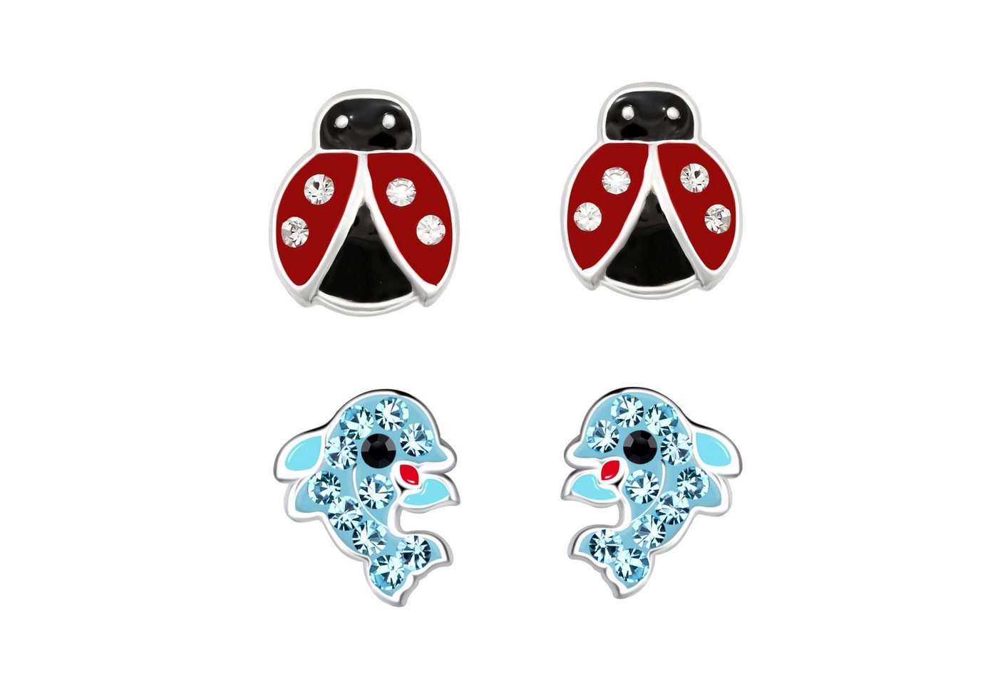 schmuck23 Ohrstecker-Set 2 x Kinderohrringe Delfin und Marienkäfer 925 Silber (Geschenkset, Set aus 2 Paar Ohrringen mit 4 x extras Silikonverschluß), Mädchen Kinderschmuck 4 x Silikonverschluß extra von schmuck23
