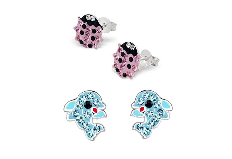 schmuck23 Ohrstecker-Set 2 x Kinderohrringe Delfin und Marienkäfer 925 Silber (Geschenkset, Set aus 2 Paar Ohrringen mit 4 x extras Silikonverschluß), Mädchen Kinderschmuck 4 x Silikonverschluß extra von schmuck23