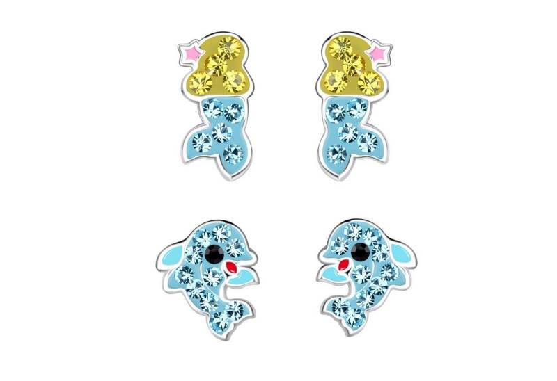 schmuck23 Ohrstecker-Set 2 x Kinderohrringe Delfin und Meejungfrau 925 Silber (Geschenkset, Set aus 2 Paar Ohrringen mit 4 x extras Silikonverschluß), Mädchen Kinderschmuck 4 x Silikonverschluß extra von schmuck23