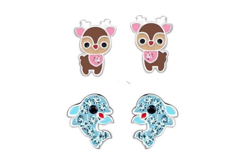 schmuck23 Ohrstecker-Set 2 x Kinderohrringe Delfin und Rentier 925 Silber (Geschenkset, Set aus 2 Paar Ohrringen), Mädchen Kinderschmuck 4 x Silikonverschluß extra von schmuck23