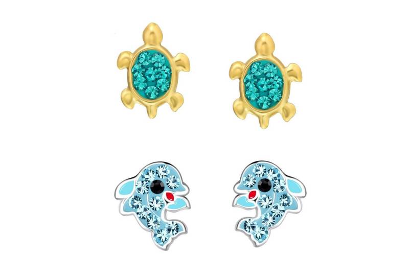 schmuck23 Ohrstecker-Set 2 x Kinderohrringe Delfin und Schildkröte 925 Silber (Geschenkset, Set aus 2 Paar Ohrringen mit 4 x extras Silikonverschluß), Mädchen Kinderschmuck 4 x Silikonverschluß extra von schmuck23