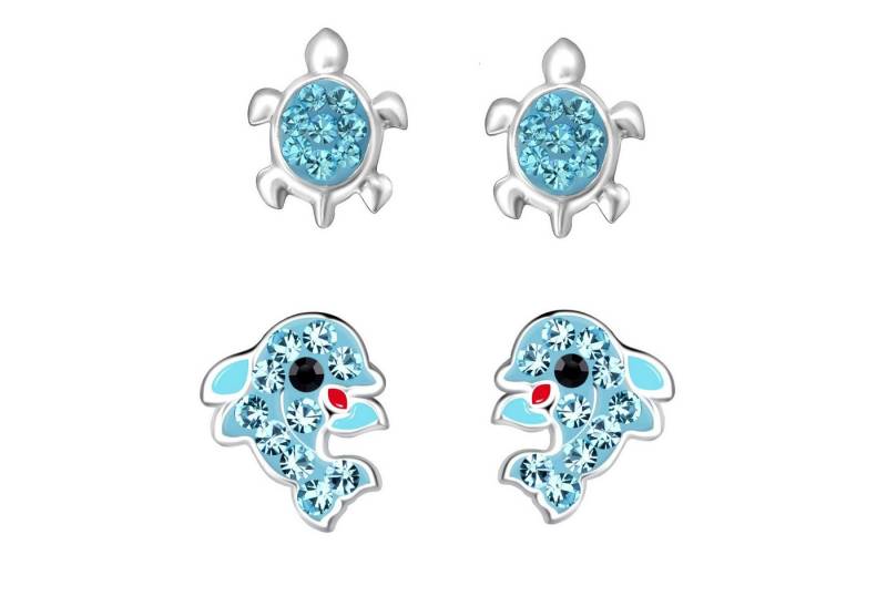 schmuck23 Ohrstecker-Set 2 x Kinderohrringe Delfin und Schildkröte blau 925 Silber (Geschenkset, Set aus 2 Paar Ohrringen mit 4 x extras Silikonverschluß), Mädchen Kinderschmuck 4 x Silikonverschluß extra von schmuck23
