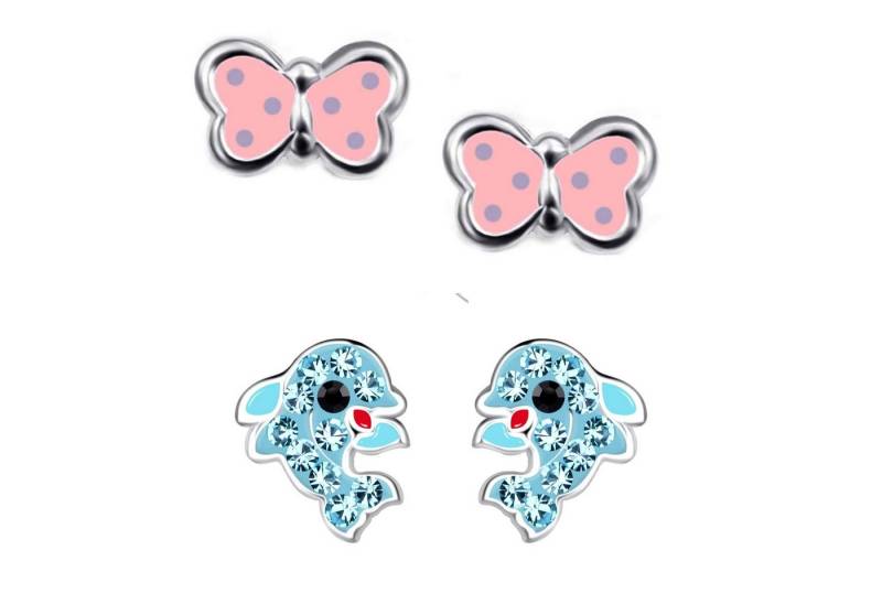 schmuck23 Ohrstecker-Set 2 x Kinderohrringe Delfin und Schmetterling 925 Silber (Geschenkset, Set aus 2 Paar Ohrringen), Mädchen Kinderschmuck 4 x Silikonverschluß extra von schmuck23