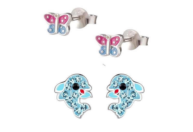 schmuck23 Ohrstecker-Set 2 x Kinderohrringe Delfin und Schmetterling 925 Silber (Geschenkset, Set aus 2 Paar Ohrringen), Mädchen Kinderschmuck 4 x Silikonverschluß extra von schmuck23