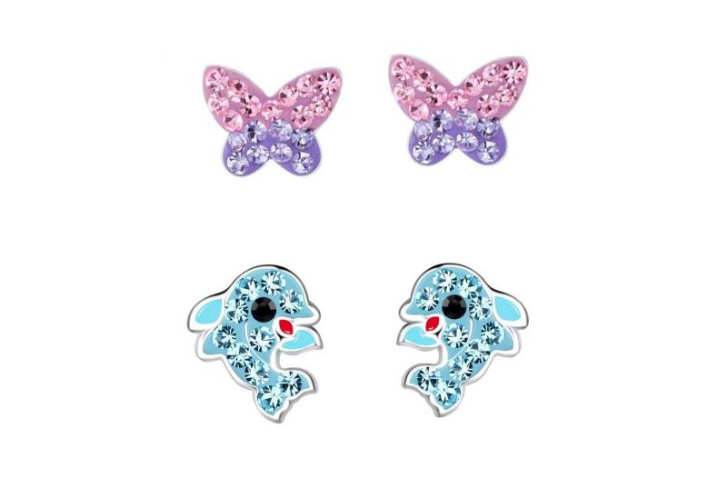 schmuck23 Ohrstecker-Set 2 x Kinderohrringe Delfin und Schmetterling 925 Silber (Geschenkset, Set aus 2 Paar Ohrringen mit 4 x extras Silikonverschluß), Mädchen Kinderschmuck 4 x Silikonverschluß extra von schmuck23