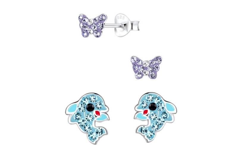 schmuck23 Ohrstecker-Set 2 x Kinderohrringe Delfin und Schmetterling 925 Silber (Geschenkset, Set aus 2 Paar Ohrringen mit 4 x extras Silikonverschluß), Mädchen Kinderschmuck 4 x Silikonverschluß extra von schmuck23