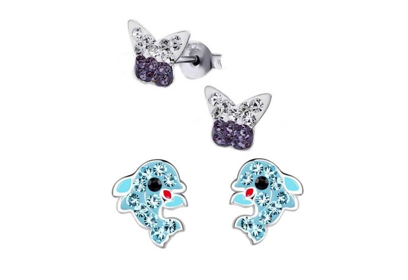 schmuck23 Ohrstecker-Set 2 x Kinderohrringe Delfin und Schmetterling 925 Silber (Geschenkset, Set aus 2 Paar Ohrringen mit 4 x extras Silikonverschluß), Mädchen Kinderschmuck 4 x Silikonverschluß extra von schmuck23