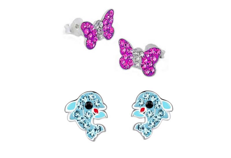 schmuck23 Ohrstecker-Set 2 x Kinderohrringe Delfin und Schmetterling 925 Silber (Geschenkset, Set aus 2 Paar Ohrringen mit 4 x extras Silikonverschluß), Mädchen Kinderschmuck 4 x Silikonverschluß extra von schmuck23