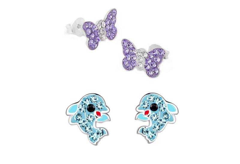 schmuck23 Ohrstecker-Set 2 x Kinderohrringe Delfin und Schmetterling 925 Silber (Geschenkset, Set aus 2 Paar Ohrringen mit 4 x extras Silikonverschluß), Mädchen Kinderschmuck 4 x Silikonverschluß extra von schmuck23